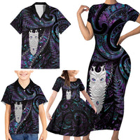 New Zealand Aotearoa Family Matching Short Sleeve Bodycon Dress and Hawaiian Shirt Maori Tane Te Waiora Paua Shell Glitter Purple LT05 - Polynesian Pride