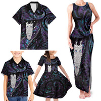 New Zealand Aotearoa Family Matching Tank Maxi Dress and Hawaiian Shirt Maori Tane Te Waiora Paua Shell Glitter Purple LT05 - Polynesian Pride
