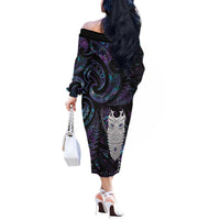 New Zealand Aotearoa Off The Shoulder Long Sleeve Dress Maori Tane Te Waiora Paua Shell Glitter Purple LT05 - Polynesian Pride
