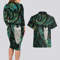 New Zealand Aotearoa Couples Matching Long Sleeve Bodycon Dress and Hawaiian Shirt Maori Tane Te Waiora Paua Shell Glitter Green LT05 - Polynesian Pride