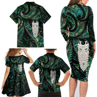 New Zealand Aotearoa Family Matching Long Sleeve Bodycon Dress and Hawaiian Shirt Maori Tane Te Waiora Paua Shell Glitter Green LT05 - Polynesian Pride