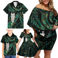 New Zealand Aotearoa Family Matching Off Shoulder Short Dress and Hawaiian Shirt Maori Tane Te Waiora Paua Shell Glitter Green LT05 - Polynesian Pride