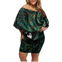 New Zealand Aotearoa Family Matching Off Shoulder Short Dress and Hawaiian Shirt Maori Tane Te Waiora Paua Shell Glitter Green LT05 Mom's Dress Green - Polynesian Pride