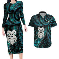 New Zealand Aotearoa Couples Matching Long Sleeve Bodycon Dress and Hawaiian Shirt Maori Wheku Paua Shell Glitter Turquoise LT05 Turquoise - Polynesian Pride