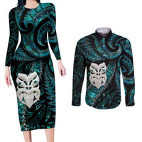 New Zealand Aotearoa Couples Matching Long Sleeve Bodycon Dress and Long Sleeve Button Shirt Maori Wheku Paua Shell Glitter Turquoise LT05 Turquoise - Polynesian Pride