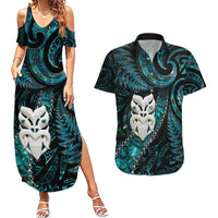 New Zealand Aotearoa Couples Matching Summer Maxi Dress and Hawaiian Shirt Maori Wheku Paua Shell Glitter Turquoise LT05 Turquoise - Polynesian Pride