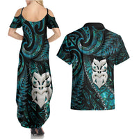 New Zealand Aotearoa Couples Matching Summer Maxi Dress and Hawaiian Shirt Maori Wheku Paua Shell Glitter Turquoise LT05 - Polynesian Pride