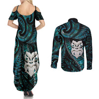 New Zealand Aotearoa Couples Matching Summer Maxi Dress and Long Sleeve Button Shirt Maori Wheku Paua Shell Glitter Turquoise LT05 - Polynesian Pride