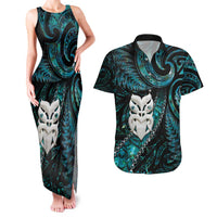 New Zealand Aotearoa Couples Matching Tank Maxi Dress and Hawaiian Shirt Maori Wheku Paua Shell Glitter Turquoise LT05 Turquoise - Polynesian Pride