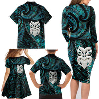 New Zealand Aotearoa Family Matching Long Sleeve Bodycon Dress and Hawaiian Shirt Maori Wheku Paua Shell Glitter Turquoise LT05 - Polynesian Pride