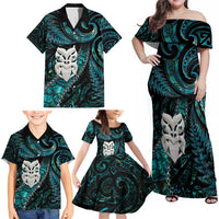 New Zealand Aotearoa Family Matching Off Shoulder Maxi Dress and Hawaiian Shirt Maori Wheku Paua Shell Glitter Turquoise LT05 - Polynesian Pride