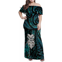 New Zealand Aotearoa Family Matching Off Shoulder Maxi Dress and Hawaiian Shirt Maori Wheku Paua Shell Glitter Turquoise LT05 Mom's Dress Turquoise - Polynesian Pride