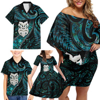 New Zealand Aotearoa Family Matching Off Shoulder Short Dress and Hawaiian Shirt Maori Wheku Paua Shell Glitter Turquoise LT05 - Polynesian Pride