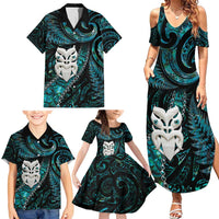 New Zealand Aotearoa Family Matching Summer Maxi Dress and Hawaiian Shirt Maori Wheku Paua Shell Glitter Turquoise LT05 - Polynesian Pride