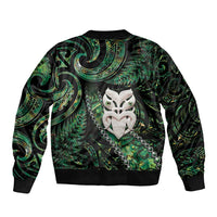 New Zealand Aotearoa Bomber Jacket Maori Wheku Paua Shell Glitter Green
