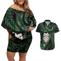 New Zealand Aotearoa Couples Matching Off Shoulder Short Dress and Hawaiian Shirt Maori Wheku Paua Shell Glitter Green LT05 Green - Polynesian Pride