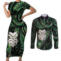 New Zealand Aotearoa Couples Matching Short Sleeve Bodycon Dress and Long Sleeve Button Shirt Maori Wheku Paua Shell Glitter Green LT05 Green - Polynesian Pride