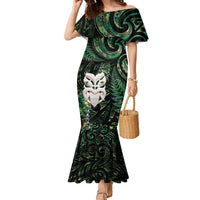 New Zealand Aotearoa Family Matching Mermaid Dress and Hawaiian Shirt Maori Wheku Paua Shell Glitter Green LT05 Mom's Dress Green - Polynesian Pride