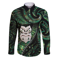 New Zealand Aotearoa Family Matching Off The Shoulder Long Sleeve Dress and Hawaiian Shirt Maori Wheku Paua Shell Glitter Green LT05 Dad's Shirt - Long Sleeve Green - Polynesian Pride