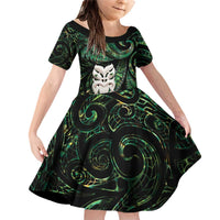 New Zealand Aotearoa Family Matching Off Shoulder Short Dress and Hawaiian Shirt Maori Wheku Paua Shell Glitter Green LT05 Daughter's Dress Green - Polynesian Pride