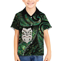 New Zealand Aotearoa Family Matching Summer Maxi Dress and Hawaiian Shirt Maori Wheku Paua Shell Glitter Green LT05 Son's Shirt Green - Polynesian Pride