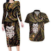 New Zealand Aotearoa Couples Matching Long Sleeve Bodycon Dress and Hawaiian Shirt Maori Wheku Paua Shell Glitter Gold LT05 Gold - Polynesian Pride