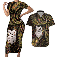New Zealand Aotearoa Couples Matching Short Sleeve Bodycon Dress and Hawaiian Shirt Maori Wheku Paua Shell Glitter Gold LT05 Gold - Polynesian Pride