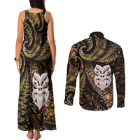 New Zealand Aotearoa Couples Matching Tank Maxi Dress and Long Sleeve Button Shirt Maori Wheku Paua Shell Glitter Gold LT05 - Polynesian Pride