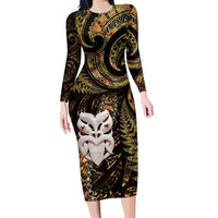 New Zealand Aotearoa Family Matching Long Sleeve Bodycon Dress and Hawaiian Shirt Maori Wheku Paua Shell Glitter Gold LT05 Mom's Dress Gold - Polynesian Pride