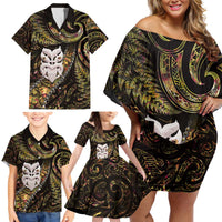 New Zealand Aotearoa Family Matching Off Shoulder Short Dress and Hawaiian Shirt Maori Wheku Paua Shell Glitter Gold LT05 - Polynesian Pride