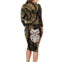 New Zealand Aotearoa Long Sleeve Bodycon Dress Maori Wheku Paua Shell Glitter Gold LT05 - Polynesian Pride