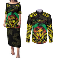 Aloha Tropical Palm Trees Couples Matching Puletasi and Long Sleeve Button Shirt Reggae Polynesian Pattern