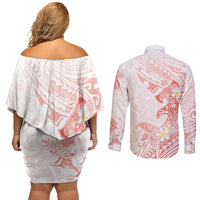Polynesia Hammerhead Shark Couples Matching Off Shoulder Short Dress and Long Sleeve Button Shirt Tropical Flowers Tribal Pattern Peach