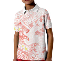 Polynesia Hammerhead Shark Kid Polo Shirt Tropical Flowers Tribal Pattern Peach