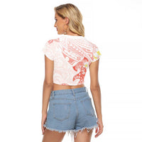 Polynesia Hammerhead Shark Raglan Cropped T Shirt Tropical Flowers Tribal Pattern Peach