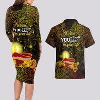 Happy Diwali Festival Couples Matching Long Sleeve Bodycon Dress and Hawaiian Shirt Diya Lamp Hibiscus Polynesian Pattern LT05 - Polynesian Pride