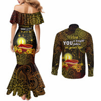 happy-diwali-festival-couples-matching-mermaid-dress-and-long-sleeve-button-shirts-diya-lamp-hibiscus-polynesian-pattern