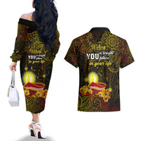 Happy Diwali Festival Couples Matching Off The Shoulder Long Sleeve Dress and Hawaiian Shirt Diya Lamp Hibiscus Polynesian Pattern LT05 - Polynesian Pride