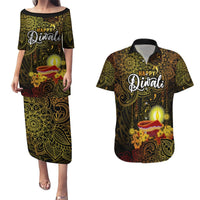 Happy Diwali Festival Couples Matching Puletasi Dress and Hawaiian Shirt Diya Lamp Hibiscus Polynesian Pattern LT05 Yellow - Polynesian Pride