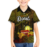 Happy Diwali Festival Family Matching Long Sleeve Bodycon Dress and Hawaiian Shirt Diya Lamp Hibiscus Polynesian Pattern LT05 Son's Shirt Yellow - Polynesian Pride
