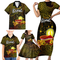 Happy Diwali Festival Family Matching Short Sleeve Bodycon Dress and Hawaiian Shirt Diya Lamp Hibiscus Polynesian Pattern LT05 - Polynesian Pride