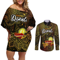 Personalized Happy Diwali Festival Couples Matching Off Shoulder Short Dress and Long Sleeve Button Shirts Diya Lamp Hibiscus Polynesian Pattern LT05 Yellow - Polynesian Pride