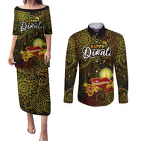 personalized-happy-diwali-festival-couples-matching-puletasi-dress-and-long-sleeve-button-shirts-diya-lamp-hibiscus-polynesian-pattern