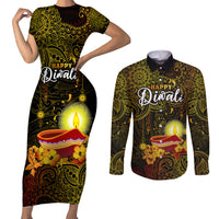 personalized-happy-diwali-festival-couples-matching-short-sleeve-bodycon-dress-and-long-sleeve-button-shirts-diya-lamp-hibiscus-polynesian-pattern