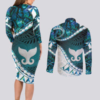 Aotearoa New Zealand Couples Matching Long Sleeve Bodycon Dress and Long Sleeve Button Shirt Maori Wera Paua Shell Teal Glitter LT05 - Polynesian Pride