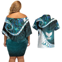 Aotearoa New Zealand Couples Matching Off Shoulder Short Dress and Hawaiian Shirt Maori Wera Paua Shell Teal Glitter LT05 - Polynesian Pride