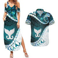 Aotearoa New Zealand Couples Matching Summer Maxi Dress and Hawaiian Shirt Maori Wera Paua Shell Teal Glitter LT05 Teal - Polynesian Pride