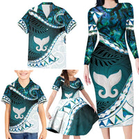 Aotearoa New Zealand Family Matching Long Sleeve Bodycon Dress and Hawaiian Shirt Maori Wera Paua Shell Teal Glitter LT05 - Polynesian Pride