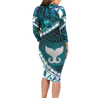 Aotearoa New Zealand Family Matching Long Sleeve Bodycon Dress and Hawaiian Shirt Maori Wera Paua Shell Teal Glitter LT05 - Polynesian Pride