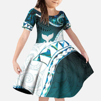 Aotearoa New Zealand Family Matching Off The Shoulder Long Sleeve Dress and Hawaiian Shirt Maori Wera Paua Shell Teal Glitter LT05 Daughter's Dress Teal - Polynesian Pride